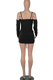 Black Women Pure Color Off Shoulder V Collar Bandage Drawsting Long Sleeve Mini Dress WMZ2680-1