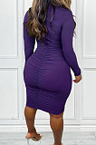 Purple Sexy Elegunt Long Sleeve Lapel Neck Front Button Ruffle Hip Dress DN8641-1