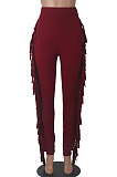 Wine Red Women Fashion Solid Color Sexy Tassel Mid Waist Long Pants WMZ2683-2