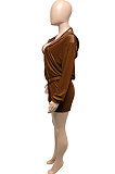 Brown Women Pure Color Tank Condole Belt Cardigan Korea Velvet Zipper Pocket Shorts Three Pieces Q976-4