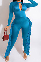 Peacock Blue Luxe Fashion Pure Color Long Sleeve Zip Back Slim Fitting Tassel Jumpsuits SZS8189-3