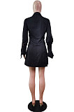 Black Fashion Preppy Pure Color Horn Sleeve Single-Breasted Collect Waist Shirts Dress WY6861-2