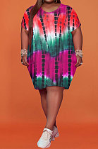 Violet Women Printing Big Size Short Sleeve Round Collar Milk Silk Plus Mini Dress FA7200-3