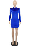 Blue New Luxe Velvet Long Sleeve Zip Front Collect Waist Solid Color Hip Dress YMM9088-3