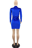 Pink New Luxe Velvet Long Sleeve Zip Front Collect Waist Solid Color Hip Dress YMM9088-2