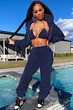 Navy Blue Fashion Velvet Thicken Warm Strapless&Cardigan Jacket Coat Jogger Pants Sets YYF8269-5