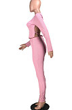 Pink Casual Sports Cotton Blend Long Sleeve O Neck Backless Tops Skinny Pants Sets YMT6250-2