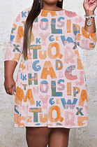 Light Pink Fat Women's Letter Printed Long Sleeve Round Neck Shift Dress YMM9087