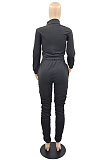 Black Wholesale Women's New Letter Embroidery Long Sleeve Zipper Tops High Waist Ruffle Pants Sets YMM9089-2