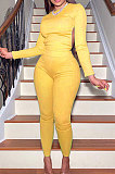 Yellow Casual Sports Cotton Blend Long Sleeve O Neck Backless Tops Skinny Pants Sets YMT6250-1