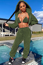 Army Green Fashion Velvet Thicken Warm Strapless&Cardigan Jacket Coat Jogger Pants Sets YYF8269-6