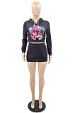 White Winter Pattern Printed Long Sleeve Hooded Mini Skirts Casual Sets YMM9086-1