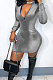 Grey New Luxe Velvet Long Sleeve Zip Front Collect Waist Solid Color Hip Dress YMM9088-4