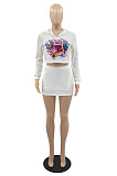 White Winter Pattern Printed Long Sleeve Hooded Mini Skirts Casual Sets YMM9086-1