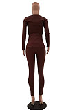 Dark Brown Fashion Sexy Long Sleeve Square Neck Slit Tos Skinny Pants Plain Color Sets LSZ91195-2