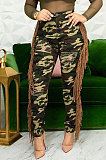 Neon Green Casual Camouflage Printed Hole Tassel Slim Fitting Jean Pants CM2161-4