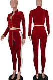 Red Euramerican Winter Korea Velvet Thick Dew Waist Stripe Spliced Pants Sets BYQ3110-1