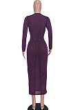 Purple Euramerican Women Fashion Sexy Dew Waist Perspectivity Round Collar Mid Waist Midi Dress ED8530-1