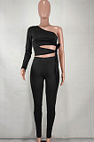 Black Women Solid Color Sexy One Shoulder Tied Dew Waist Bodycon Pants Sets BYQ3111