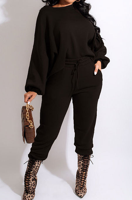 Black Modest New Puff Sleeve Irregularity Hoodie Tops Jogger Pants Plain Color Suit CM2165-5