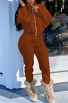 Brown Women Fleece Velvet Pure Color Long Sleeve Zipper Sport Casual Pants Sets NK265-6