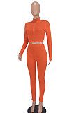 Orange Women Pure Color Long Sleeve Zipper Sexy Sport Bodycon Pants Sets ED8528-1