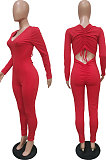 Red New Cotton Blend Long Sleeve Back Drawsting Ruffle Slim Fitting Jumpsuits BBN212-4