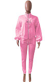Pink Women Fleece Velvet Pure Color Long Sleeve Zipper Sport Casual Pants Sets NK265-2
