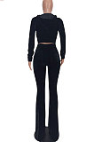 Wholesale-product | Black Women Solid Color Pleuche Casual Hoodie Zipper Wide Leg Pants Sets ED8527-7