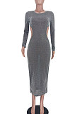 Silver Euramerican Women Fashion Sexy Dew Waist Perspectivity Round Collar Mid Waist Midi Dress ED8530-2