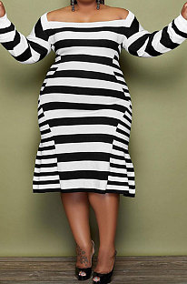 Black White Stripe Fat Women's New Long Sleeve Square Neck Slim Fitting Dress MK065