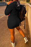 Black Women Long Sleeve Hoodie Pure Color Zipper Bodycon Ribber Mini Dress ED8529-2