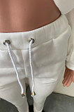 White Women Fleece Velvet Pure Color Long Sleeve Zipper Sport Casual Pants Sets NK265-1