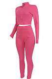 Rose Red Women Pure Color Long Sleeve Zipper Sexy Sport Bodycon Pants Sets ED8528-3