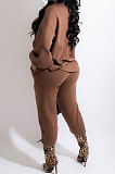 Army Green Modest New Puff Sleeve Irregularity Hoodie Tops Jogger Pants Plain Color Suit CM2165-3