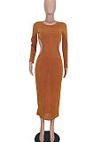 Brown Euramerican Women Fashion Sexy Dew Waist Perspectivity Round Collar Mid Waist Midi Dress ED8530-3