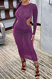 Purple Euramerican Women Fashion Sexy Dew Waist Perspectivity Round Collar Mid Waist Midi Dress ED8530-1