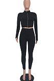 Black Women Pure Color Long Sleeve Zipper Sexy Sport Bodycon Pants Sets ED8528-2