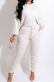 Apricot Modest New Puff Sleeve Irregularity Hoodie Tops Jogger Pants Plain Color Suit CM2165-1