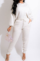 White Modest New Puff Sleeve Irregularity Hoodie Tops Jogger Pants Plain Color Suit CM2165-1