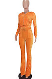 Wholesale-product | Red Women Solid Color Pleuche Casual Hoodie Zipper Wide Leg Pants Sets ED8527-4