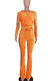 Wholesale-product | Orange Women Solid Color Pleuche Casual Hoodie Zipper Wide Leg Pants Sets ED8527-3