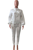 White Women Fleece Velvet Pure Color Long Sleeve Zipper Sport Casual Pants Sets NK265-1