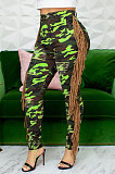 Grass Green Casual Camouflage Printed Hole Tassel Slim Fitting Jean Pants CM2161-2