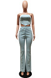 Light Blue Sexy Night Club Pure Color Zip Back Strapless Flare Pants Slim Fitting Suit CM2162-7