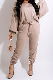 Army Green Modest New Puff Sleeve Irregularity Hoodie Tops Jogger Pants Plain Color Suit CM2165-3