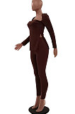 Dark Brown Fashion Sexy Long Sleeve Square Neck Slit Tos Skinny Pants Plain Color Sets LSZ91195-2