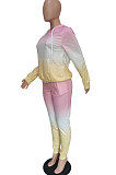 Yellow Simple Gradient Printed Long Sleeve Loose Hoodie Tops Jogger Pants Sets BBN215-2
