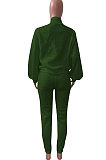 Army Green Women Fleece Velvet Pure Color Long Sleeve Zipper Sport Casual Pants Sets NK265-5