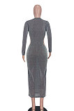 Silver Euramerican Women Fashion Sexy Dew Waist Perspectivity Round Collar Mid Waist Midi Dress ED8530-2